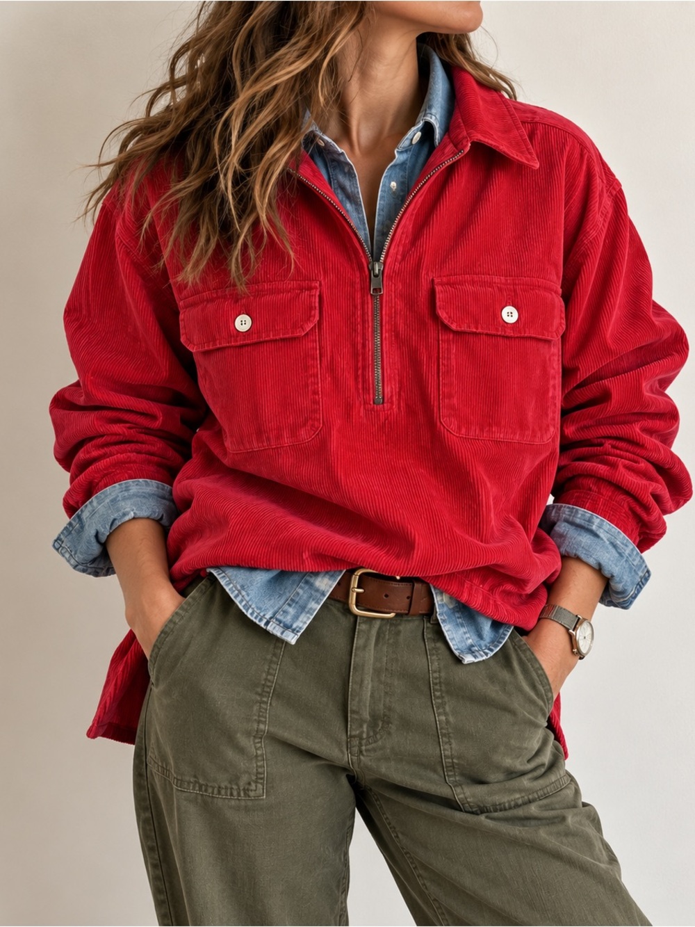 Vintage Marlboro Unlimited Red Corduroy Pullover Shirt Jacket L